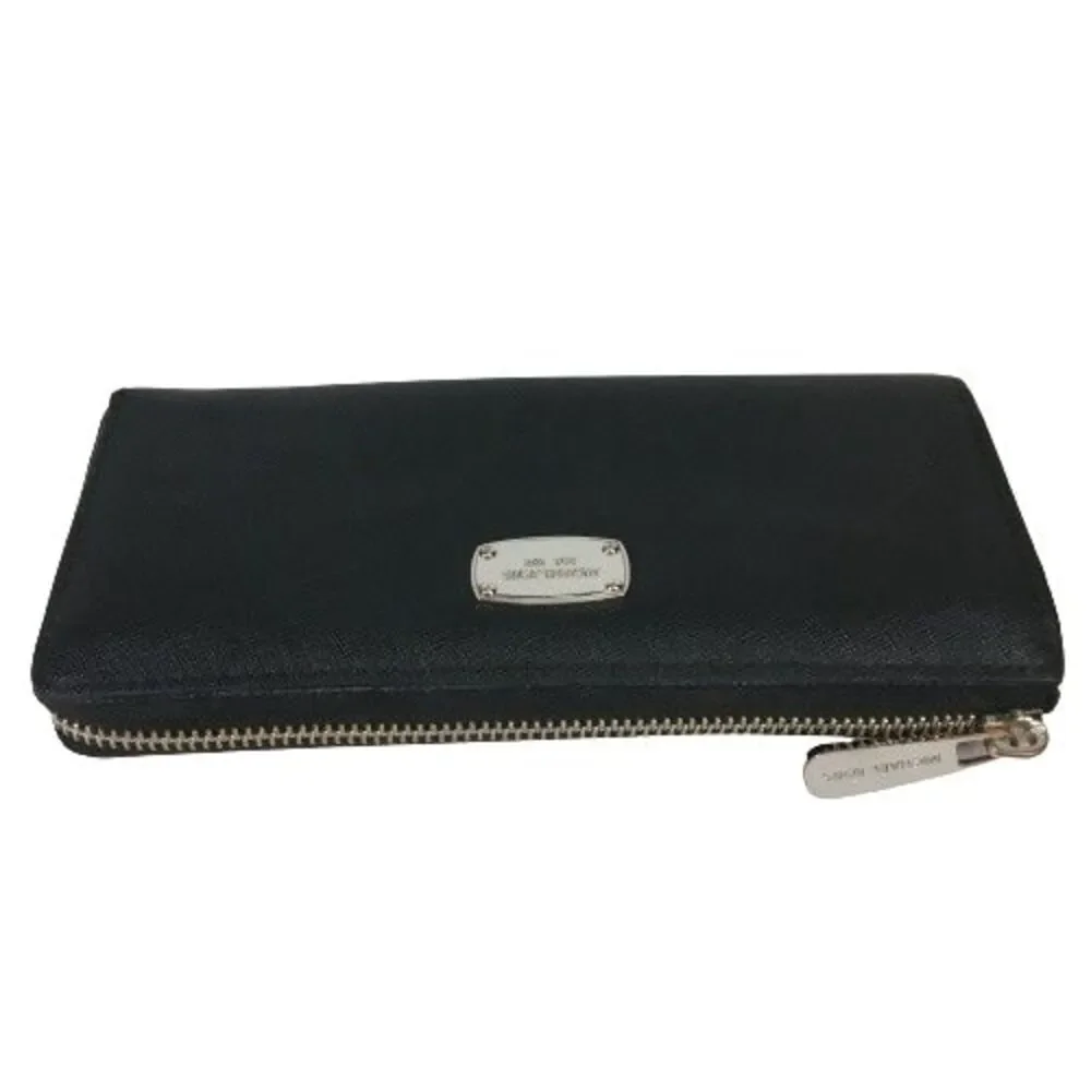 Michael Kors Jet Set Zip Wallet Black Saffiano Leather w/Silver Full Size Long